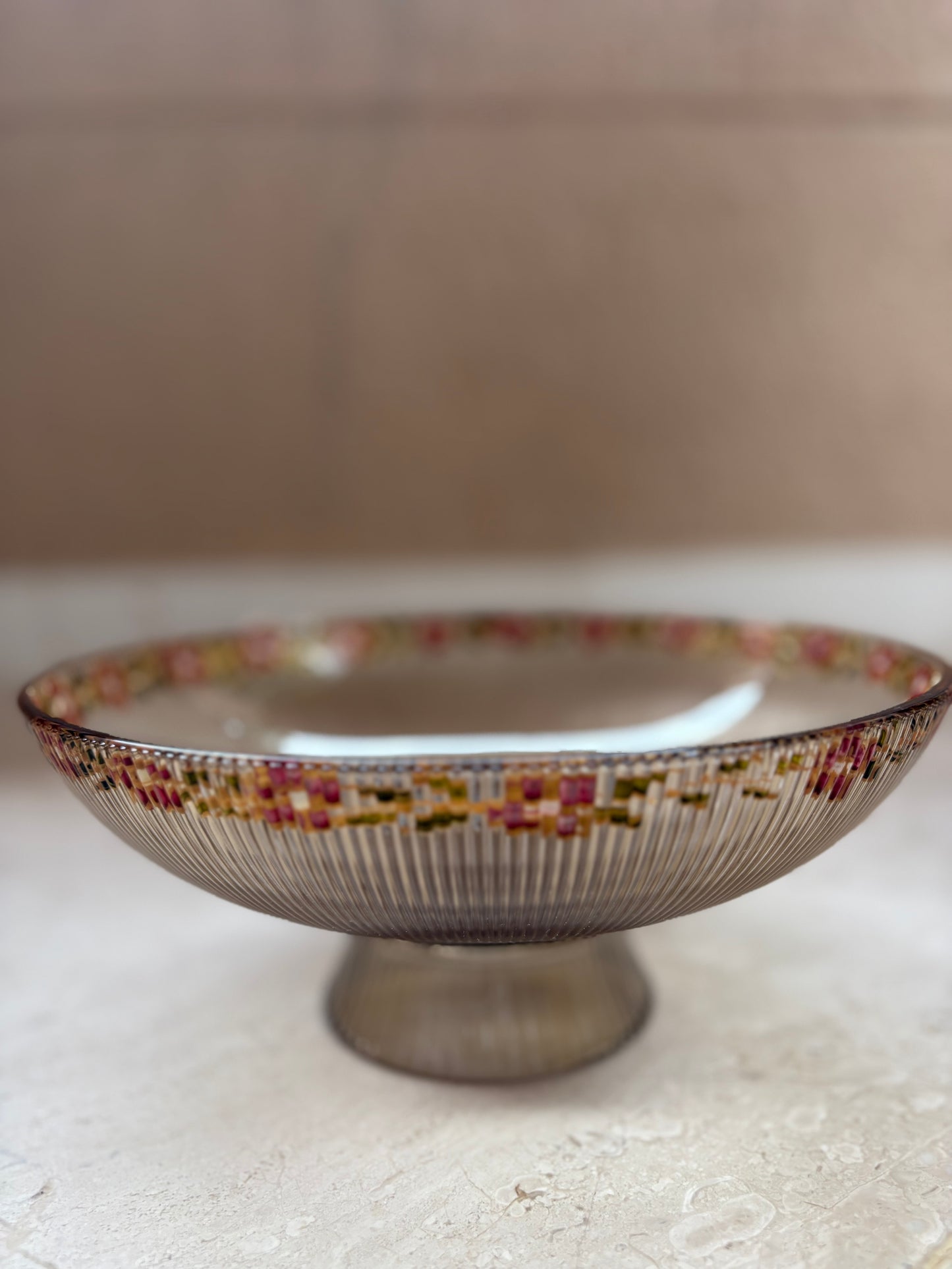 Painted rim glass bowl with pedestal